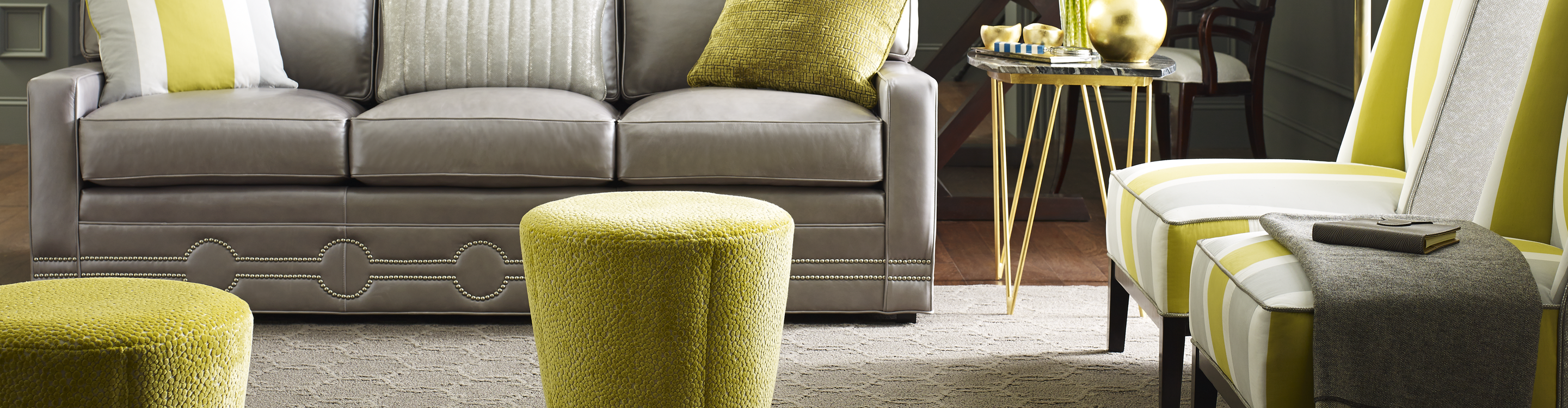 living room with gray decor and lime green accents